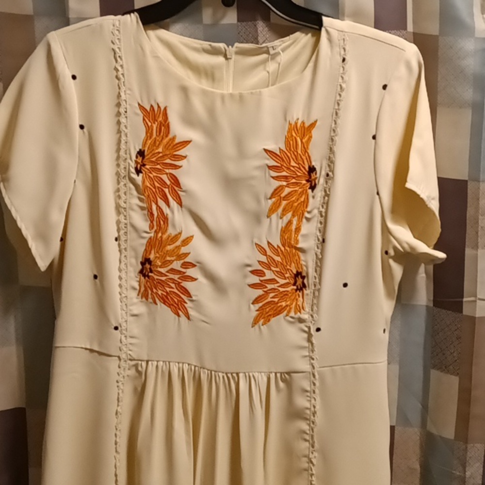 FINAL PRICE NWT Petallush beige dress orange foliage embroidery/black polkadots